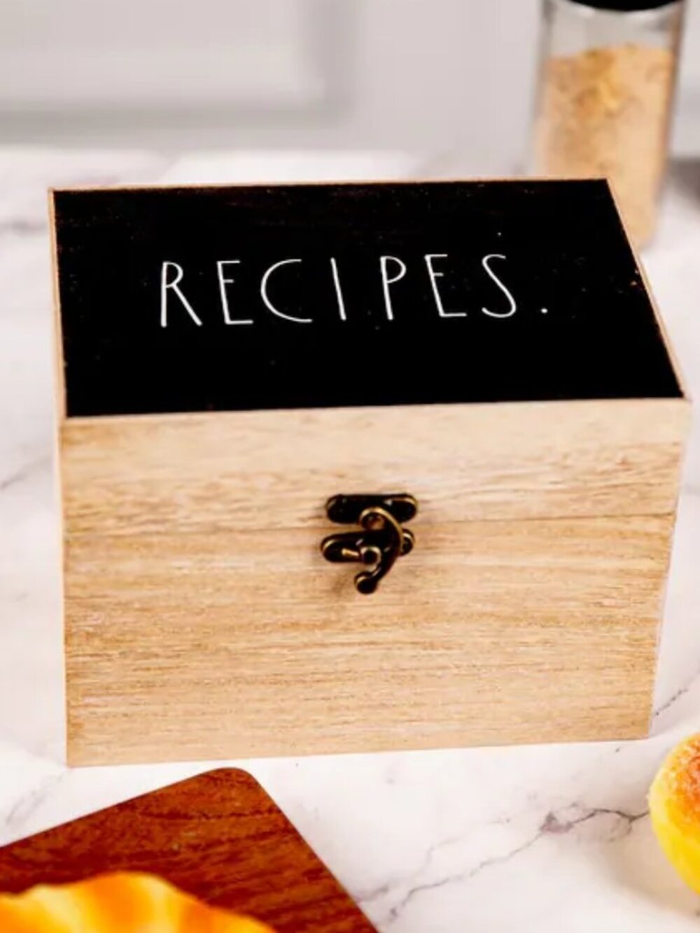 NEW Rae Dunn Wooden Recipe Box Farmhouse Rustic Black Chalkboard Look RECIPES